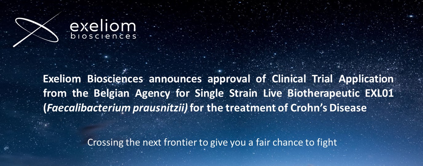 Exeliom Biosciences announces approval of Clinical Trial Application from the Belgian Agency for Single Strain Live Biotherapeutic EXL01 (Faecalibacterium prausnitzii) for the treatment of Crohn’s Disease